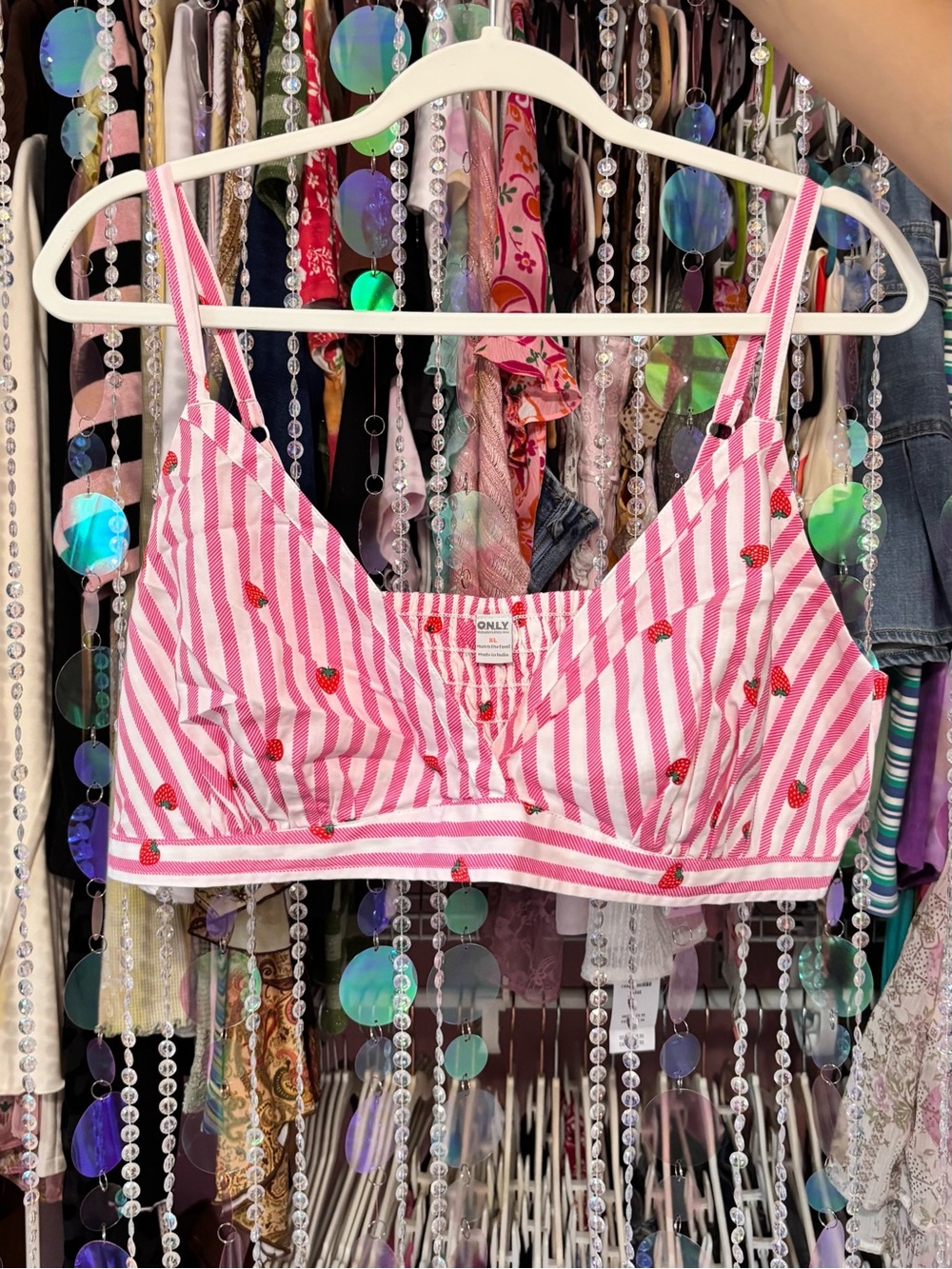 Strawberry Print Pink & White Striped Bralette